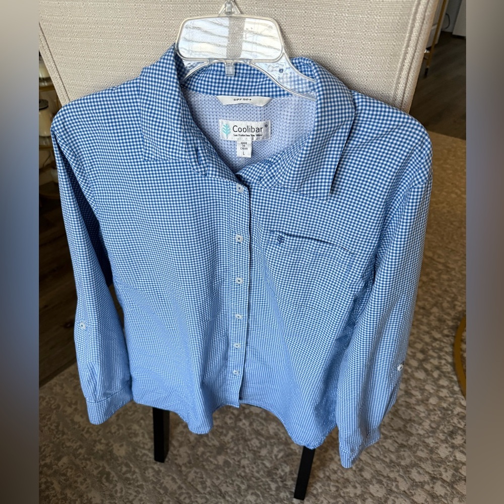 Coolibar ARICIA Blue White Gingham Sun Shirt UPF 50+, L